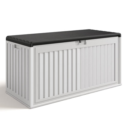 100 Gallon Resin Deck Box, Asofer Lockable Patio Outdoor Storage Box, Garden Tools Storage, Beige/Brown