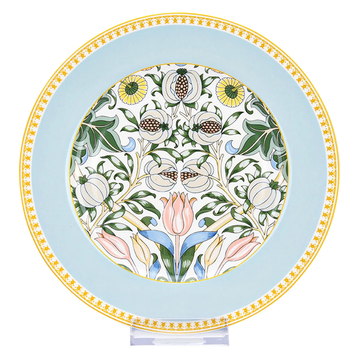 STP GOODS Melodie de Fleurs Bone China Dinnerware Set of 24 Service for 6 24-Piece Dish Set of Plates and Bowls, Blue Gold White