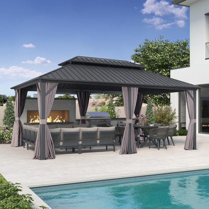 PURPLE LEAF 8' X 8' Gazebo Outdoor Gazebo Permanent Hardtop Gazebo with Galvanized Steel Double Roof for Patio Backyard Deck Aluminum Gazebo with Netting and Curtains Grey