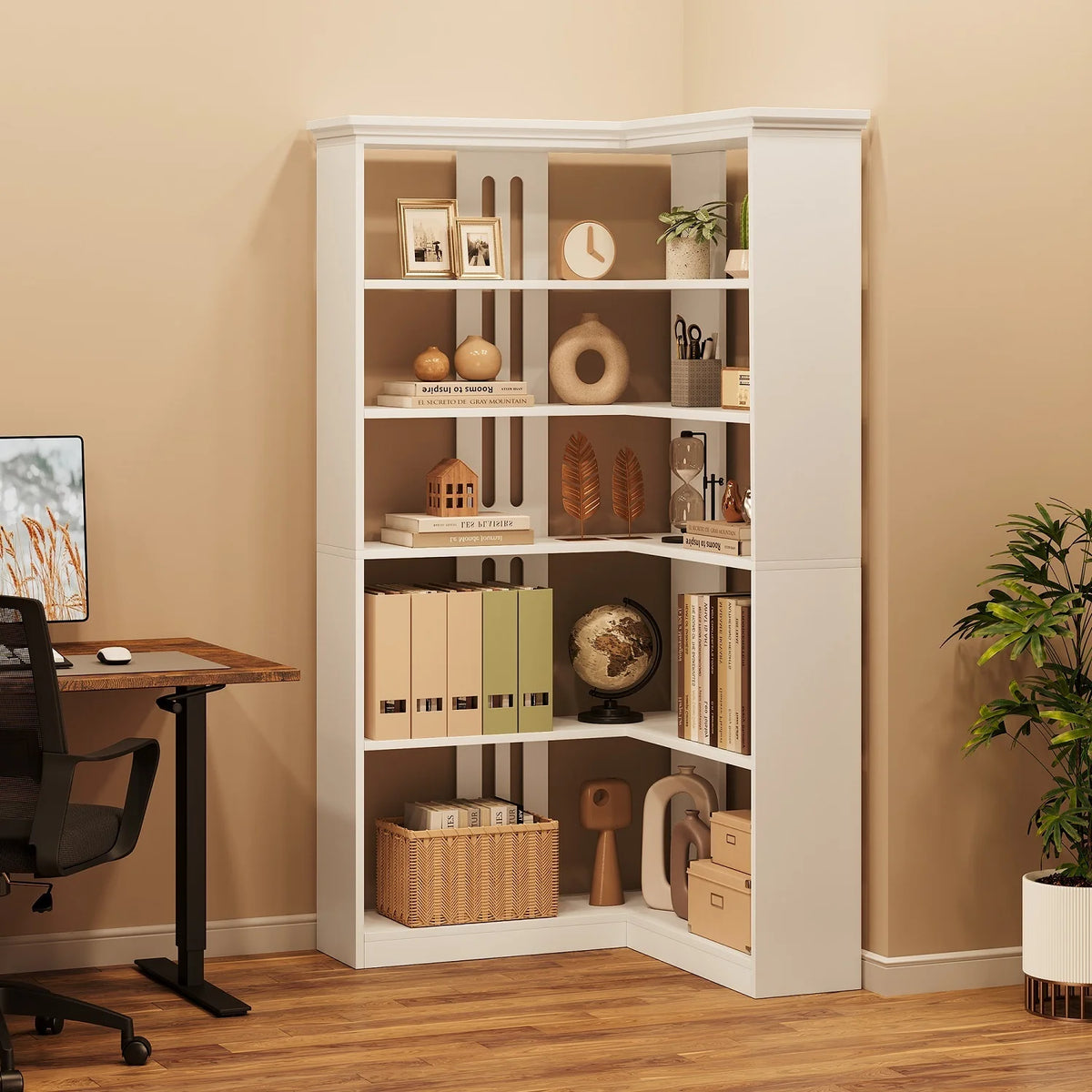EuKer 5 Tier Corner Bookcase, L-Shaped Bookshelf with Large Storage Capacity for Living Room, Bedroom, Office (Half Panel, Retro Brown)