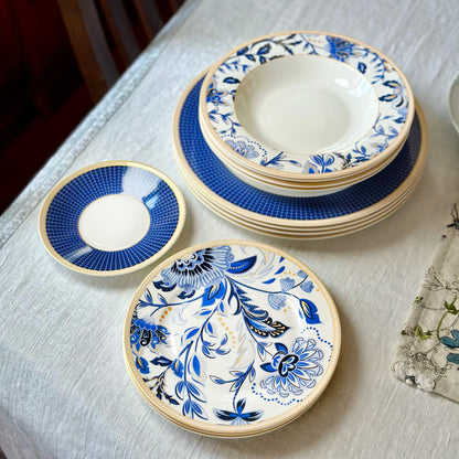 STP GOODS Melodie de Fleurs Bone China Dinnerware Set of 24 Service for 6 24-Piece Dish Set of Plates and Bowls, Blue Gold White