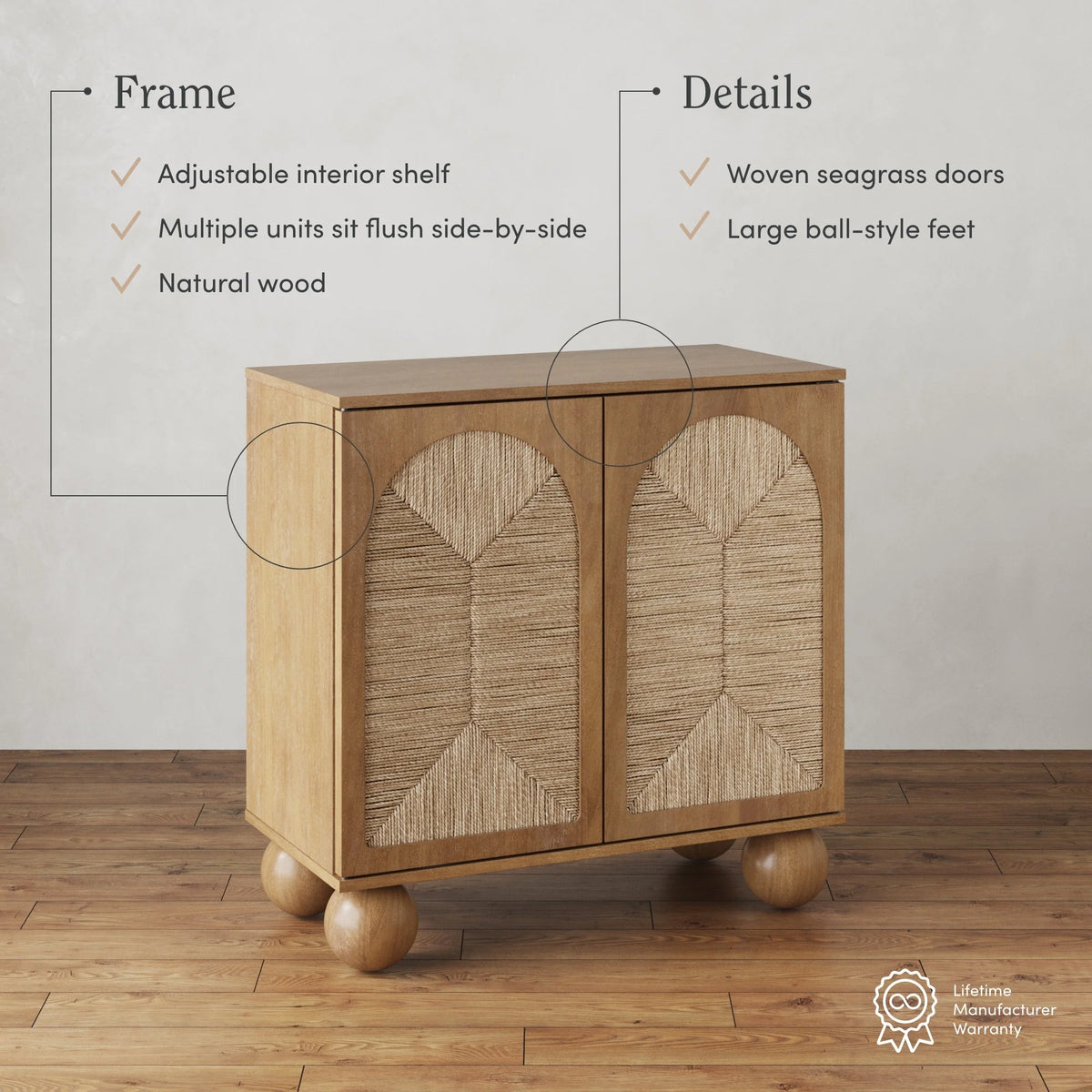 Nathan James Leah Boho Entryway Storage Cabinet or Sideboard Cabinet for Kitchen or Living Room with Ball-Style Feet, Natural Seagrass Door Fronts and Solid Wood Legs, Raw Oak