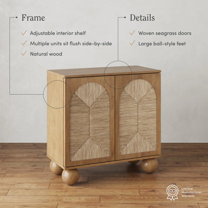 Nathan James Leah Boho Entryway Storage Cabinet or Sideboard Cabinet for Kitchen or Living Room with Ball-Style Feet, Natural Seagrass Door Fronts and Solid Wood Legs, Raw Oak