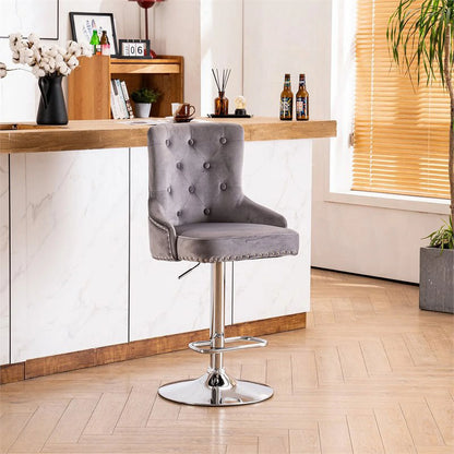 Alexent  2PCS Swivel Bar Stools, High Back, Button Tufted, Silver Footrest and Nailhead Trim Swivel Bar Chairs for Kitchen, Bar Velvet Upholstered Bar Stools, Dark Blue