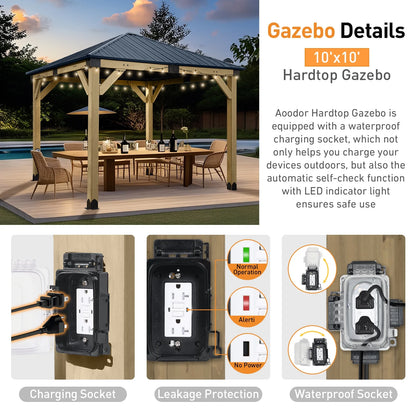 Aoodor 10 x 12 ft Wooden Frame Gazebo with 2-Tier Galvanized Metal Hardtop Roof, Outdoor Patio Gazebo with Charging Socket for Patio, Backyard, Deck, and Lawn
