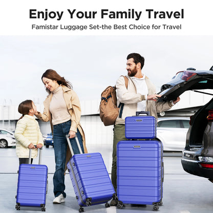 Famistar Hardside Luggage Suitcase 4 Piece Set with 360° Double Spinner Wheels Integrated TSA Lock, 14” Travel Case, 20" Carry-On Luggage, 24" Checked Luggage and 28" Checked Luggage, Blue
