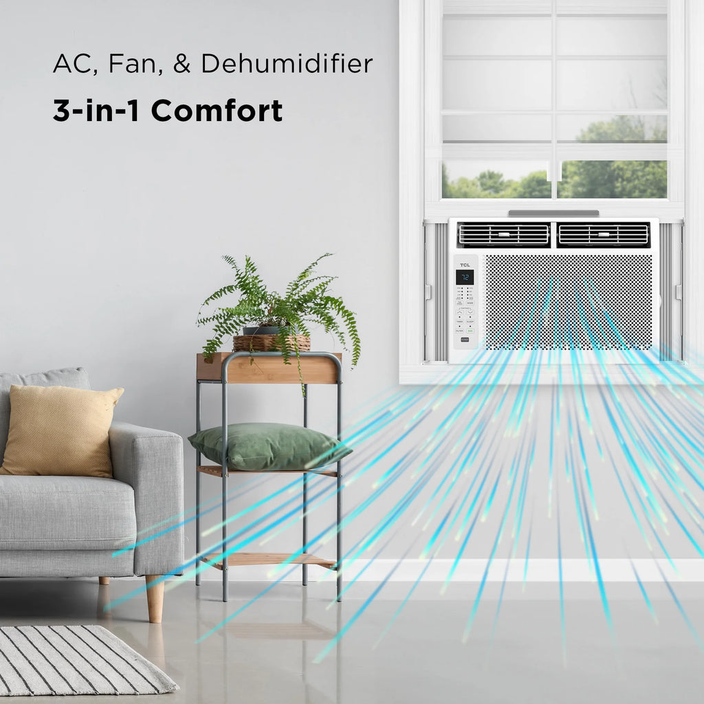 TCL 5,000 BTU Window Air Conditioner, Fan & Dehumidifier, 150 Sq. Ft., Remote Control, Easy-to-Use, Reusable Filter, Compact, Quiet, White, W5W3M