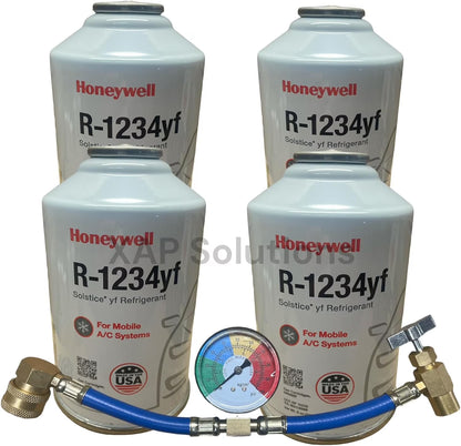 Honeywell R1234yf Solstice HFO Refrigerant MVAC 4 Cans HD Brass Can Tap Gauge Top Off Kit