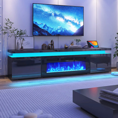 LED TV Stand for up to 85" TVs with Power Outlet, 75" Large Entertainment Center Console Table Gaming Soundbar Shelf with 2 Storage Cabinets