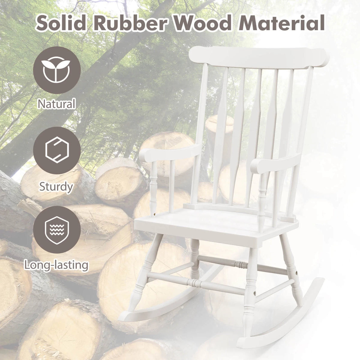 Costway Solid Wood Rocking Chair Porch Rocker Indoor Outdoor Seat Glossy Finish White