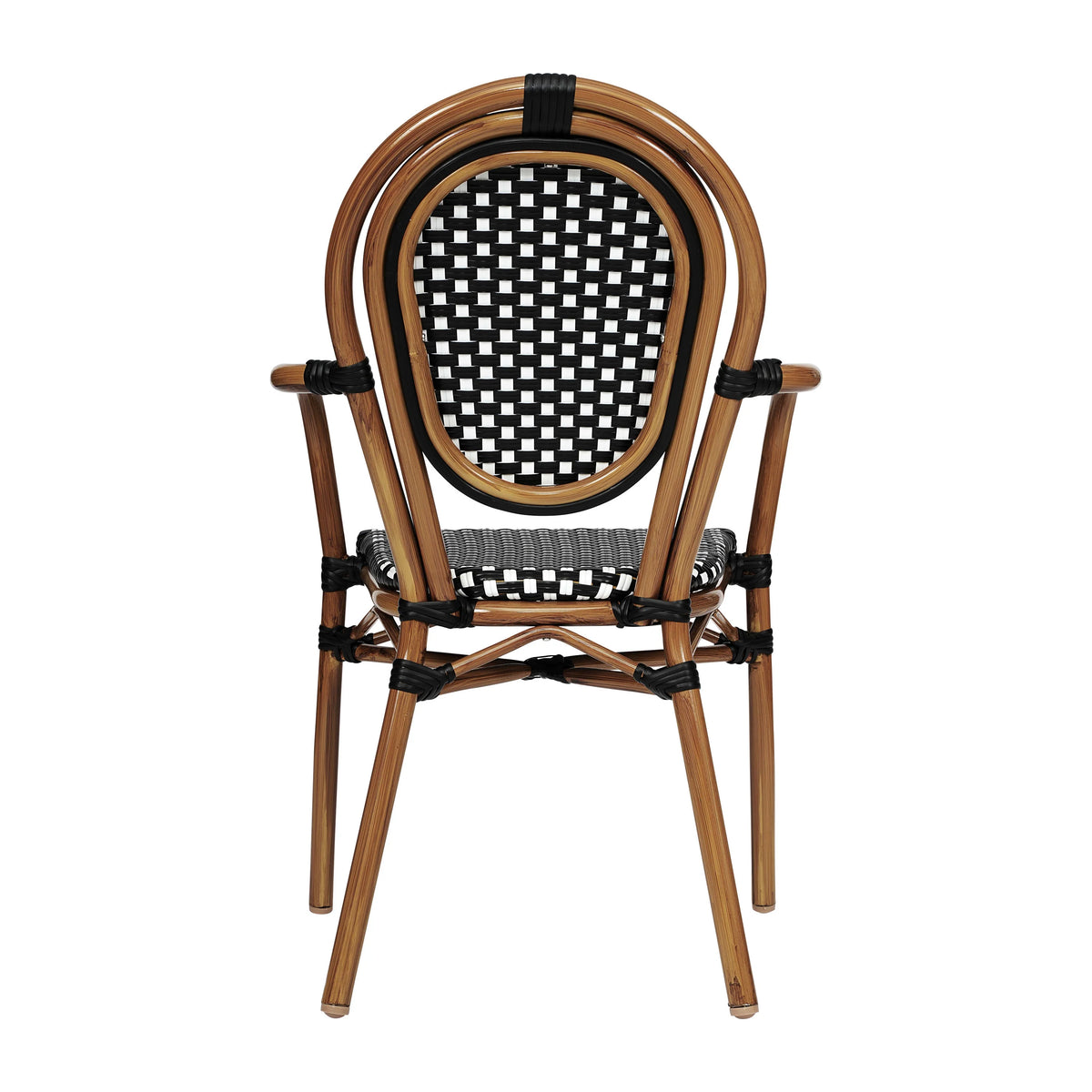Merrick Lane Stacking Thonet French Bistro Style Chair with Arms, Black & White PE Rattan Seat, and Bamboo Finished Metal Frame for Indoor/Outdoor Use