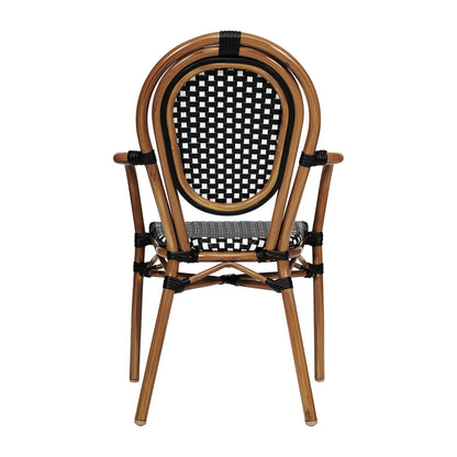 Merrick Lane Stacking Thonet French Bistro Style Chair with Arms, Black & White PE Rattan Seat, and Bamboo Finished Metal Frame for Indoor/Outdoor Use