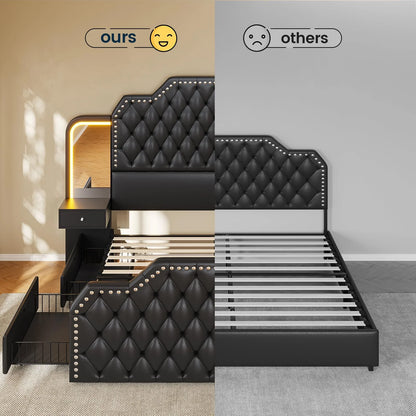 Queen Bed Frame with 2 Nighstands, Power Outlets and 4 Drawers, Upholstered Bed with Vanity Tables and Mirrors, Modern Velvet Tufted Platform Bed with Headboard & Footboard, Black