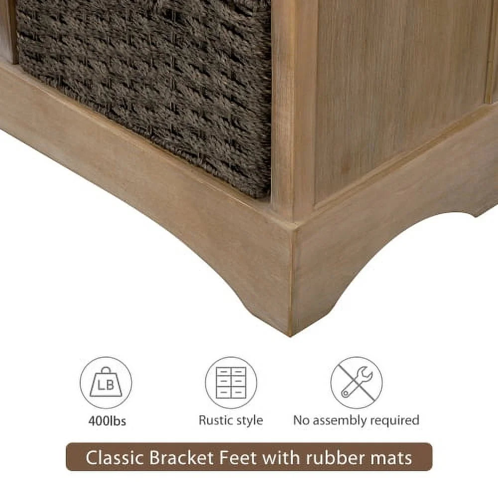 Rustic Storage Cabinet, Wood Accent Cabinet with 2 Drawers and 4 Rattan Baskets,Entryway Console Table Sofa Table for Living Room,Dining Room,White Washed