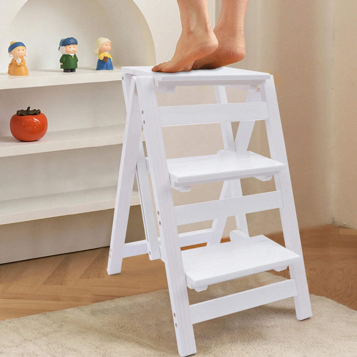 White 3-Tier Step Stool Solid Wood Folding Ladder Anti-Slip Step Stool