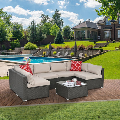 7 Pieces Outdoor Patio Furniture Set, Outdoor Sectional Rattan Sofa, PE Manual Weaving Wicker Patio Conversation Set with Cushion, Glass Table, Pillow, Dark Gray