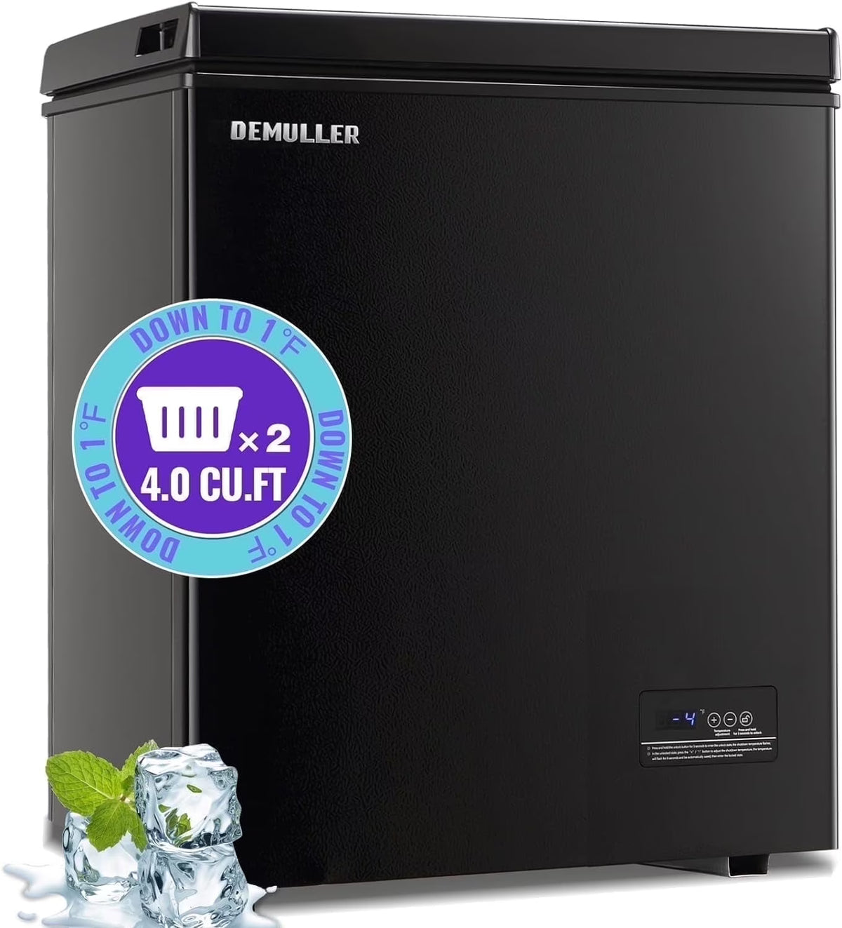 DEMULLER 4.0 Cu.ft Deep Freezer Top Open Door Compact Freezer with 2 Removable Storage Baskets Black