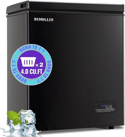 DEMULLER 4.0 Cu.ft Deep Freezer Top Open Door Compact Freezer with 2 Removable Storage Baskets Black