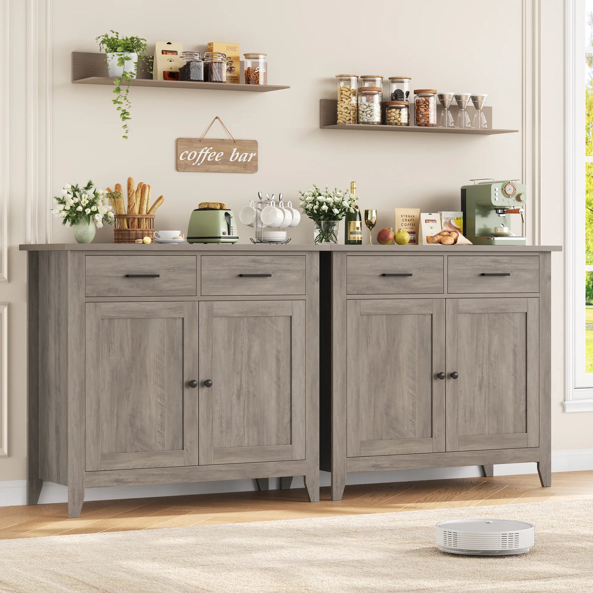 Homfa Entryway Cabinet, Kitchen Storage Cabinet, Farmhouse Buffet Sideboard with 2 Drawers and 2 Doors,Coffee Bar with Storage for Dining Room Living Room,White