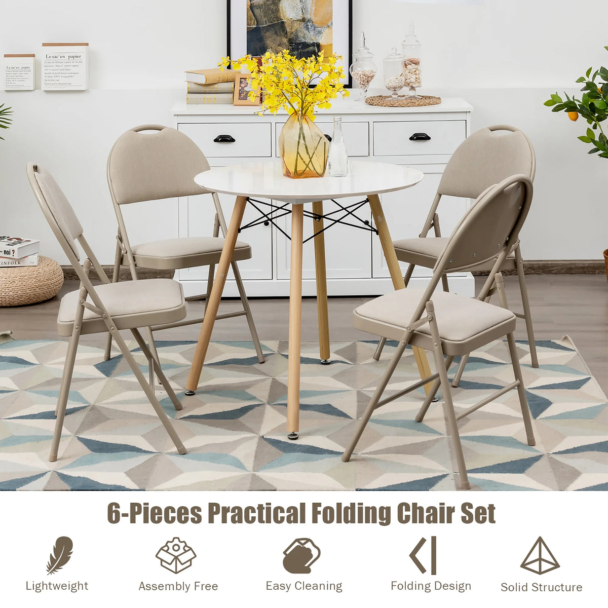 Costway Set of 6 Folding Chairs Fabric Upholstered Padded Seat Metal Frame Home Office Beige