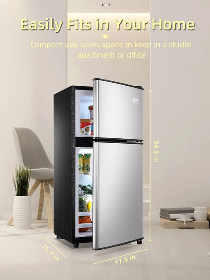 Krib B Compact Refrigerator 3.5 Cu.ft, Mini Fridge with Freezer, Modern Fridge with Dual Door, 7 Grade Temperature Adjustment, Silver