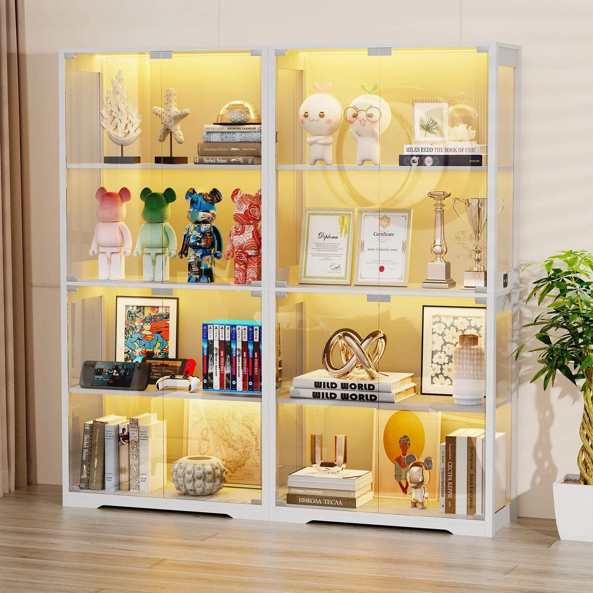 MIIFUNY Display Cabinet with Glass Doors 4 Tier Curio Cabinet & Bookshelf with LED, White