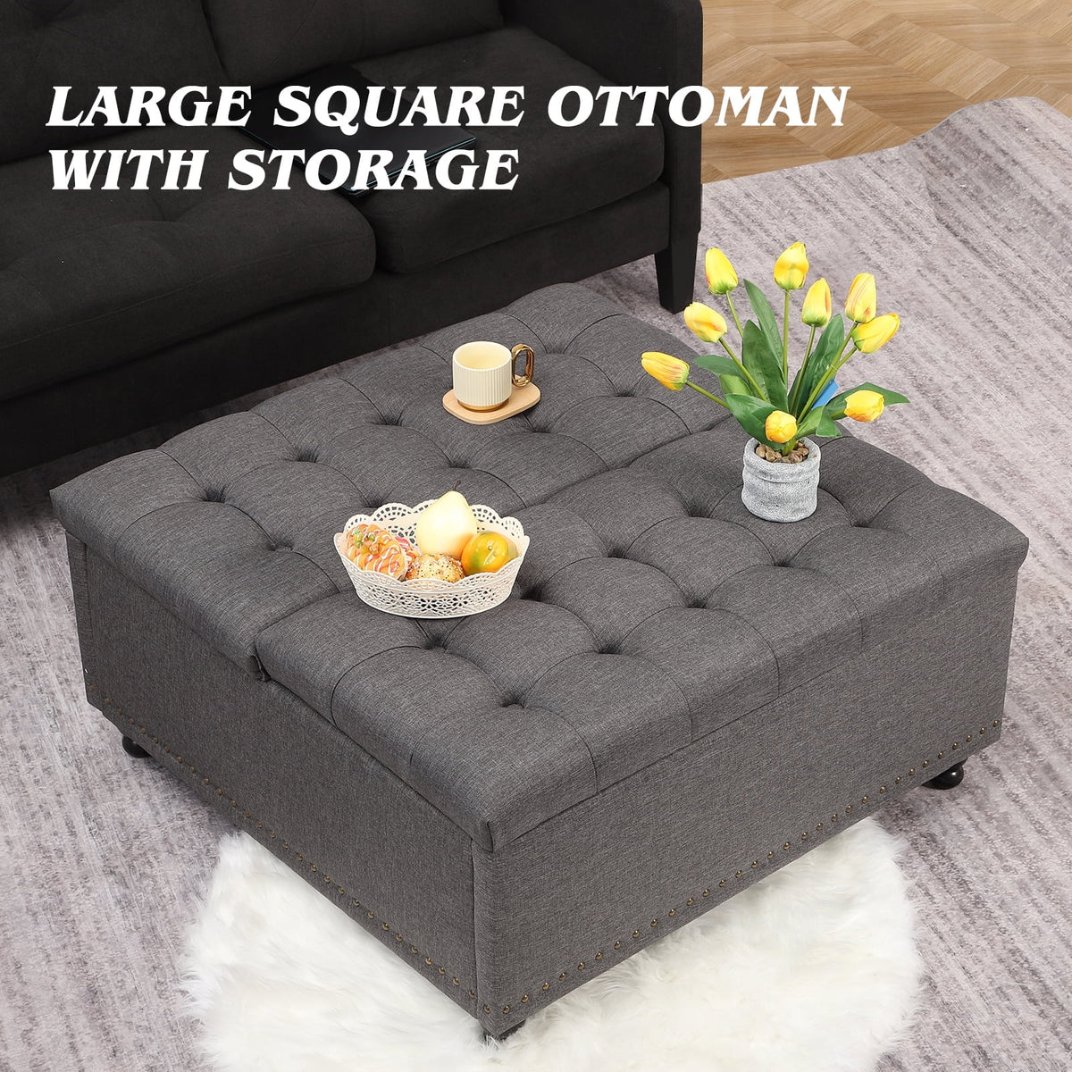 Magic Union 35" Large Square Storage Ottoman, Oversized Square Ottoman with Storage, Tufted Upholstered Ottoman Coffee Table with Lift Top for Living Room (Beige)