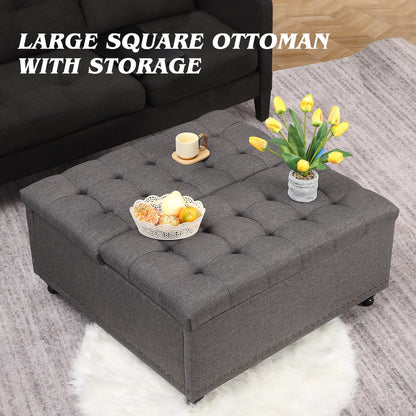 Magic Union 35" Large Square Storage Ottoman, Oversized Square Ottoman with Storage, Tufted Upholstered Ottoman Coffee Table with Lift Top for Living Room (Beige)
