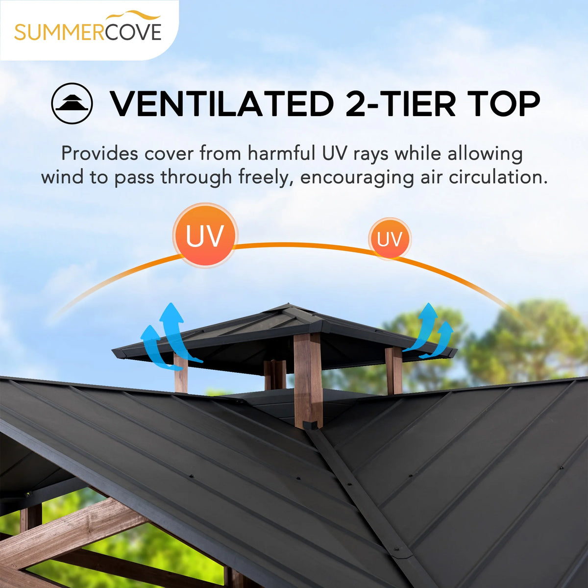 Sunjoy 12.5 x 12.5 ft. Hardtop Gazebo Outdoor Cedar Frame Wood Gazebo with Steel 2-Tier Hardtop Roof and Ceiling Hook
