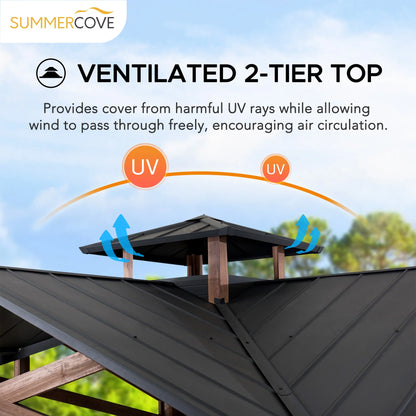 Sunjoy 12.5 x 12.5 ft. Hardtop Gazebo Outdoor Cedar Frame Wood Gazebo with Steel 2-Tier Hardtop Roof and Ceiling Hook