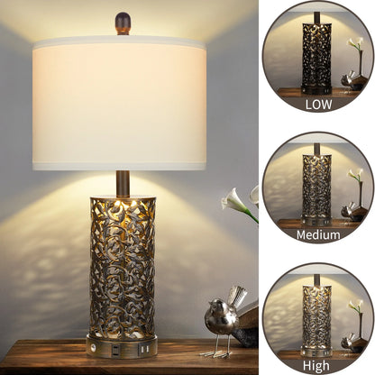 Cinkeda Table Lamp Set of 2 for Living Room Bedroom with USB Ports AC Outlet 3 Way Dimmable Touch Nightlight Farmhouse White Floral Nightstand Bedside Lamps