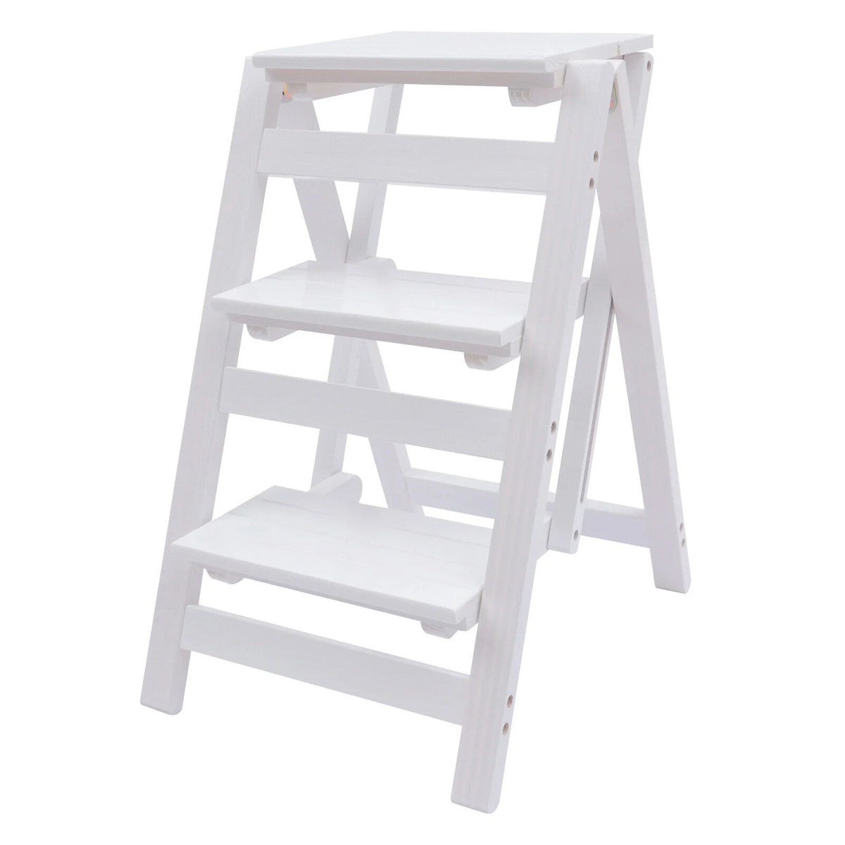 White 3-Tier Step Stool Solid Wood Folding Ladder Anti-Slip Step Stool