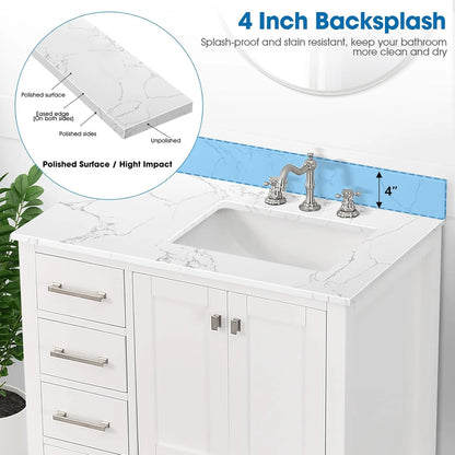 36x22 Engineered Stone Vanity Sink Top, White Bathroom Countertop with Undermount Left Sink, Vanity Top with 8 inch 3 Faucet Hole Spacing and Backsplash