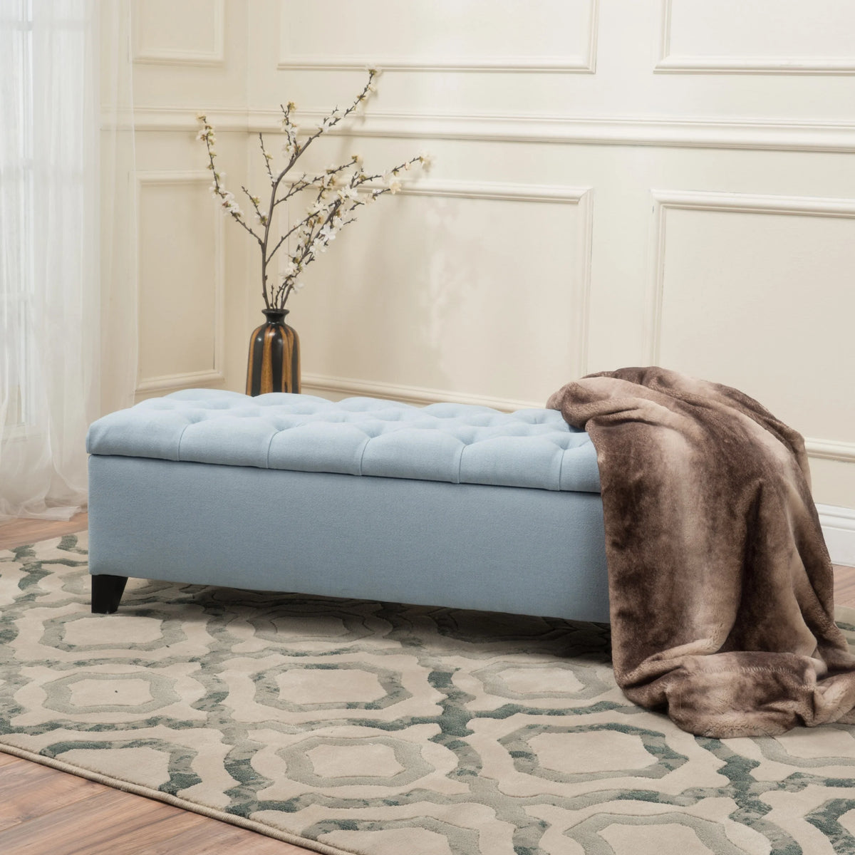Noble House Hampton Contemporary Fabric Upholstered Storage Ottoman, White and Blue Floral