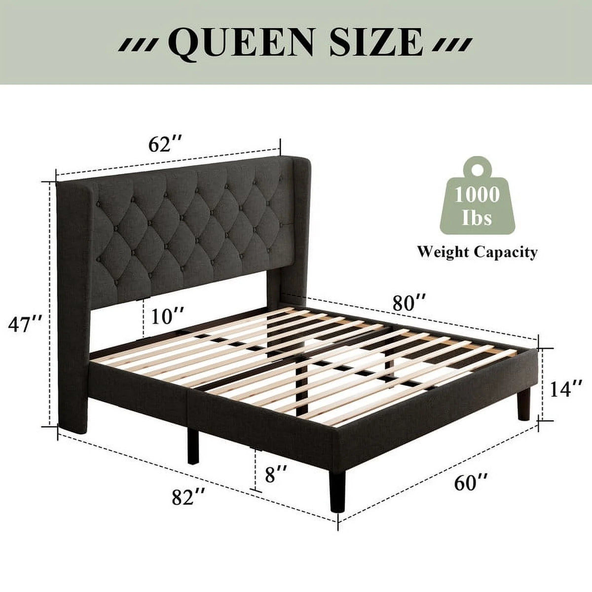 iPormis Full Size Bed Frame with Diamond Button Tufted Wingback Headboard, Upholstered Platform Bed Frame with Strong Wood Slat Support, No Box Spring Needed,Black
