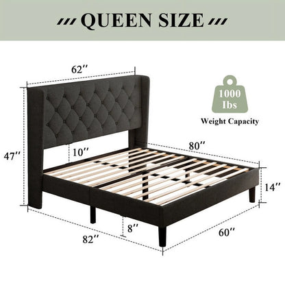 iPormis Full Size Bed Frame with Diamond Button Tufted Wingback Headboard, Upholstered Platform Bed Frame with Strong Wood Slat Support, No Box Spring Needed,Black