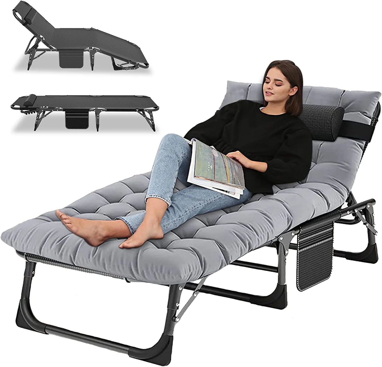 Slsy Folding Lounge Chair, 5-Position Adjustable Outdoor Reclining Chair, Folding Sleeping Bed Cot, Folding Chaise Lounge Chair for Pool Beach Patio Sunbathing
