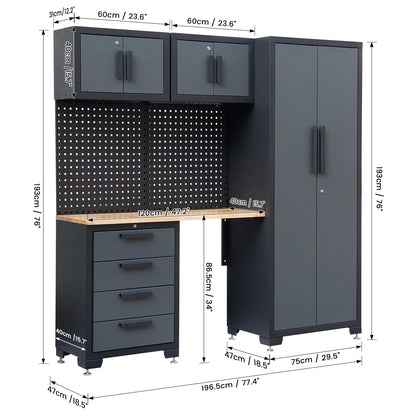HPDMC Garage Storage Cabinet System 7-Pcs Workshop Set Metal Garage Cabinets System with Steel Cabinet Drawers, Workbench, Pegboard for Garage Tool Organization