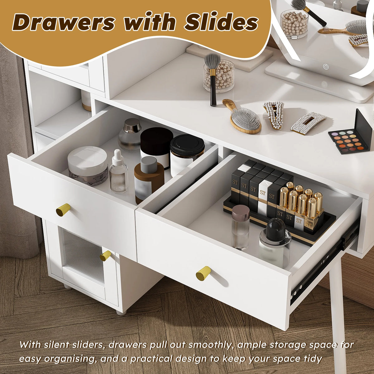 Montary Modern Mini Vanity w/Adjustable LED Mirror + Hidden Storage, Padded Stool & Dustproof Shelves (White)