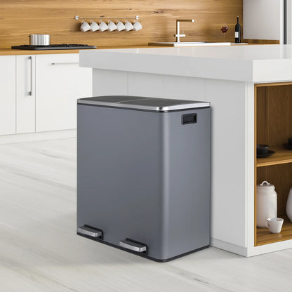 LAZY BUDDY Dual Garbage Can, Stainless Steel 16 Gallon Step Kitchen Trash Can with Soft-Close Lid, Double Compartment Garbage Recycling Bin