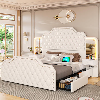 Queen Bed Frame with 2 Nighstands, Power Outlets and 4 Drawers, Upholstered Bed with Vanity Tables and Mirrors, Modern Velvet Tufted Platform Bed with Headboard & Footboard, Black