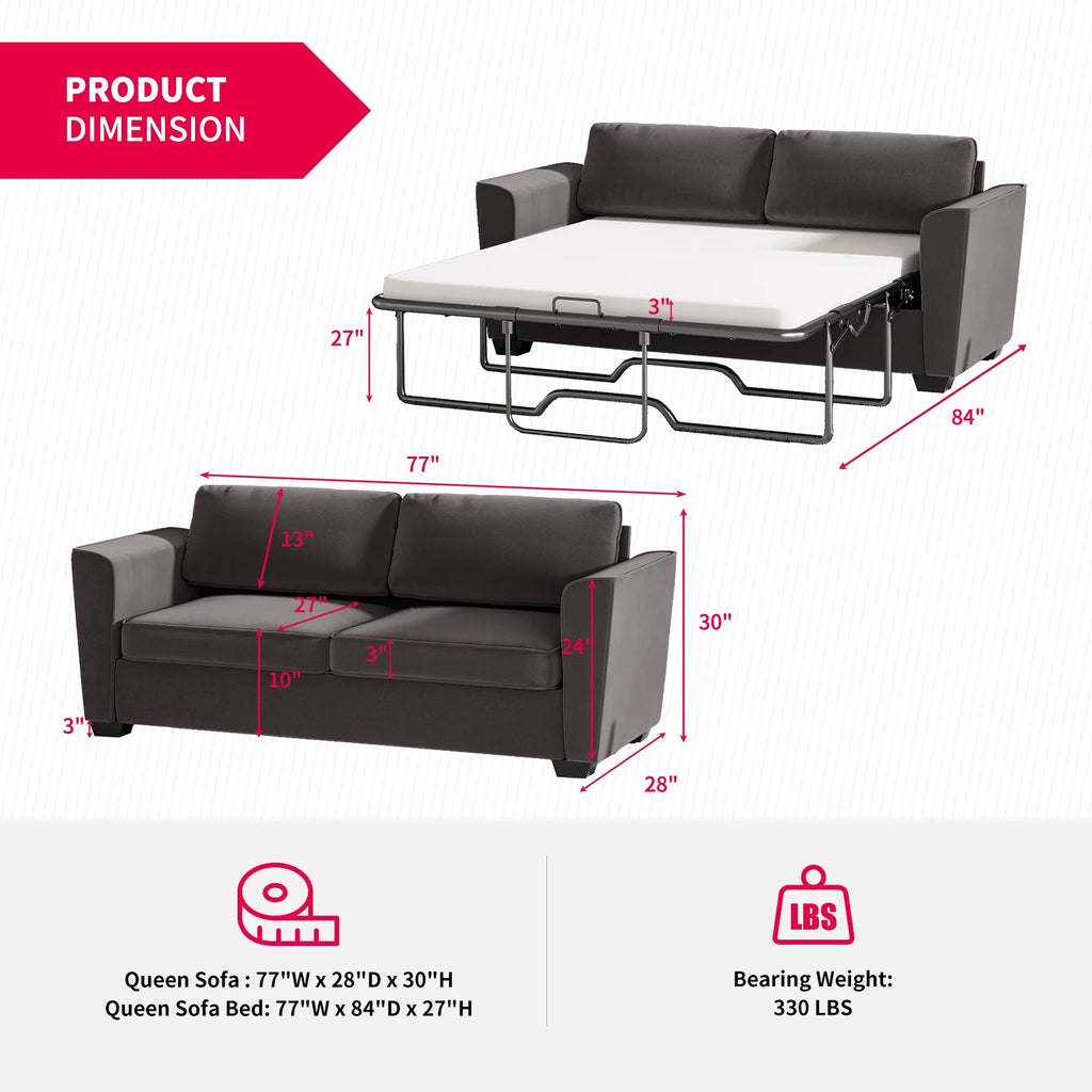 Mjkone Queen Pull Out Sofa Bed,Loveseat Sleeper Sofa with Mattress,2-in-1 Convertible Sleeper Couch,Dark Grey
