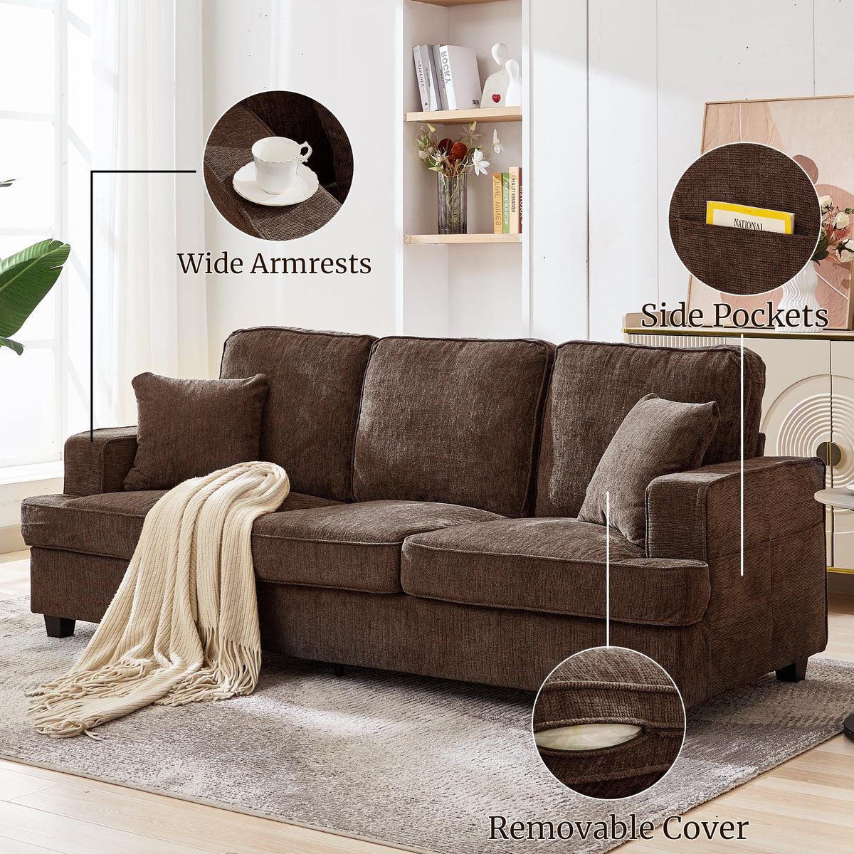 Korser 89" Chenille Sofa 3 Seater Couch with Extra Upholstered Deep Seats for Living Room,Removable Cover,Beige