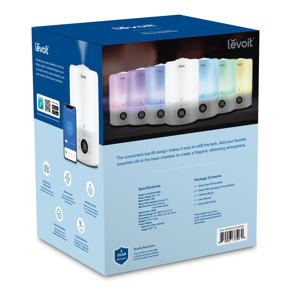 Levoit Smart Cool Mist Humidifier for Rooms, Top-Fill Humidifier for Baby with Sensor, Night Light, 3 Liter, Dual 200S, White
