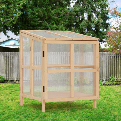 Youmumeub Wooden Cold Frame Greenhouse, 2-Tier Raised Garden Planter with Polycarbonate Panels for Season Extension, Foldable, Natural Wood