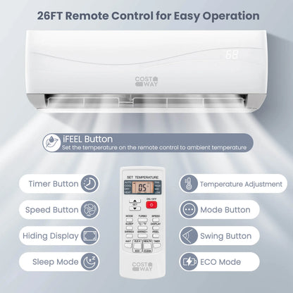 Costway 18000 BTU Mini Split Air Conditioner & Heater 19 SEER2 1250 Sq. Ft Coverage