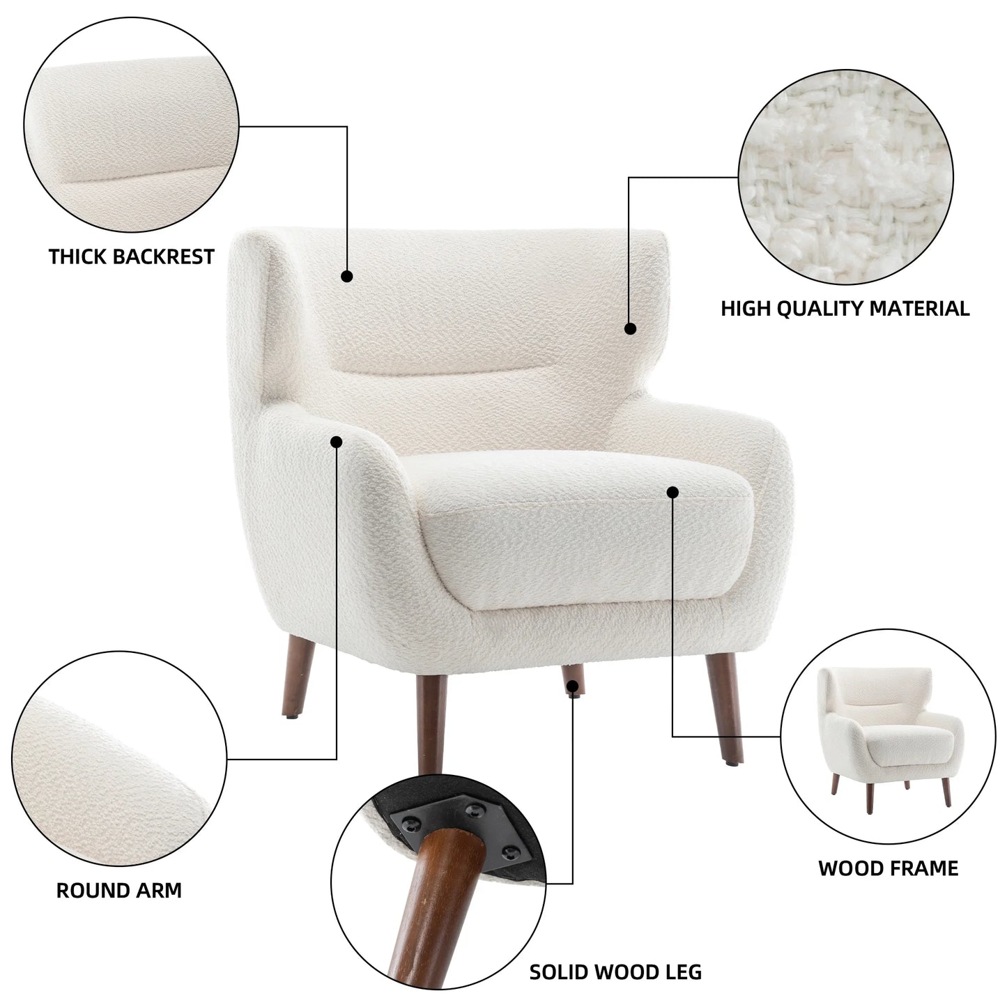 ALEAVIC White Accent Chair Upholstered Armchair with Solid Wood Legs