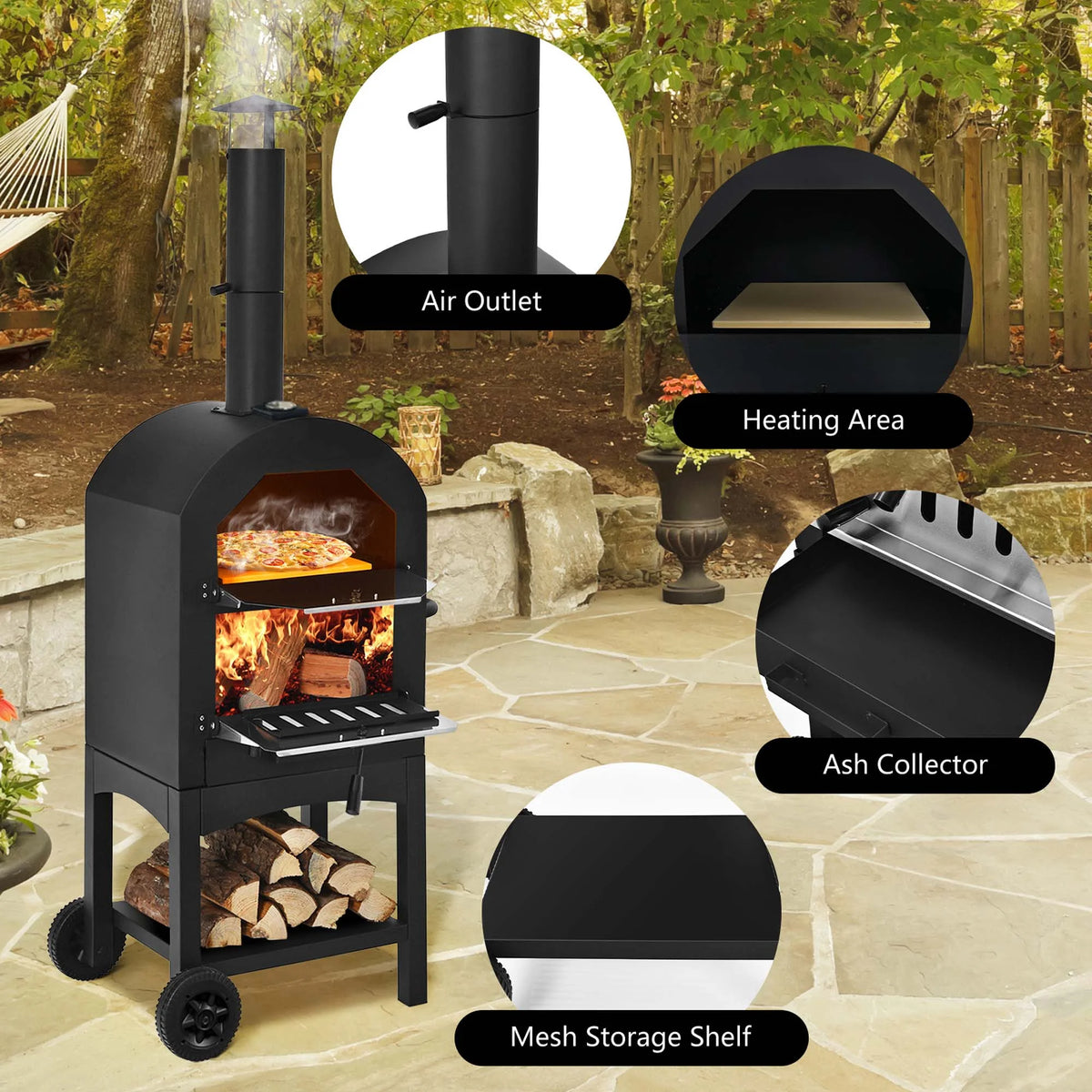 Costway Outdoor Pizza Oven Wood Fire Pizza Maker Grill w/ Pizza Stone & Waterproof Cover