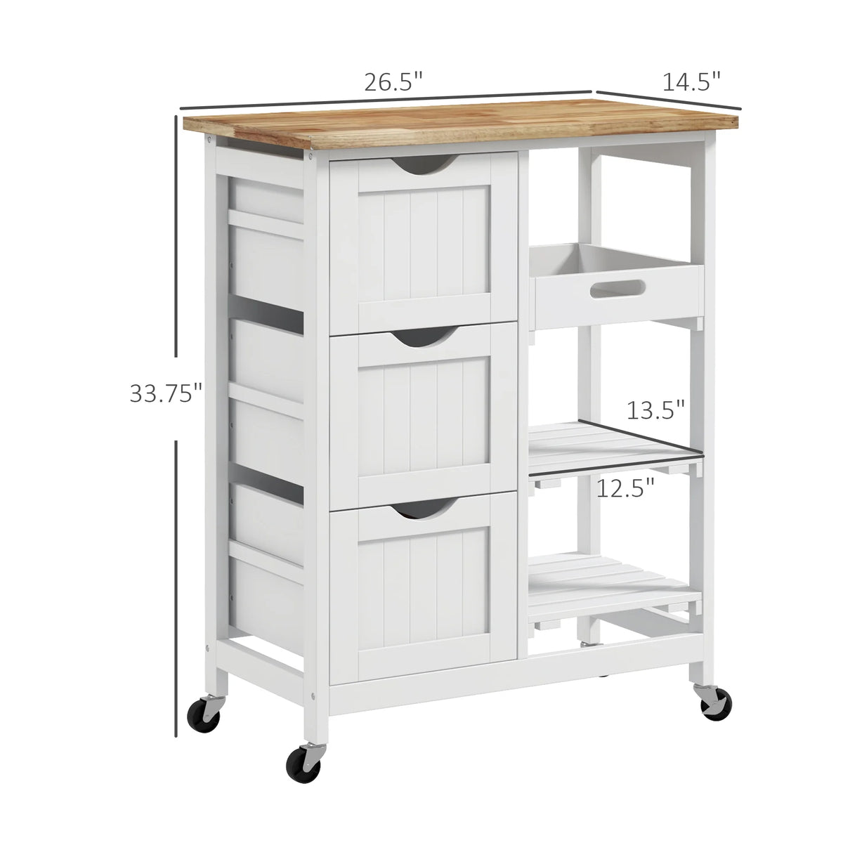 HOMCOM Rolling Kitchen Island Cart, Bar Serving Cart, Compact Trolley on Wheels with Wood Top, Shelves & Drawers for Home Dining Area, Grey
