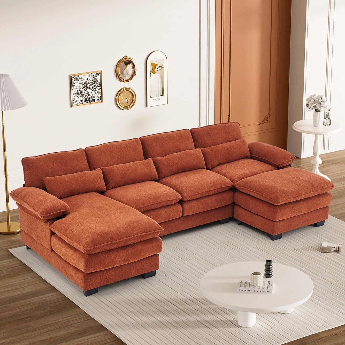 Rophefx 114.3" U Shaped Sectional Couches for Living Room,Cloud Couch,4 Seats Chenille Couch with Double Layer Cushion,Orange